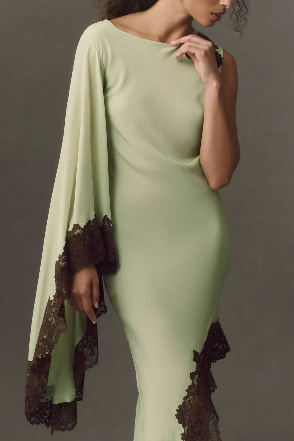 Asymmetrical One Sleeve Midi Dress With Lace Trim