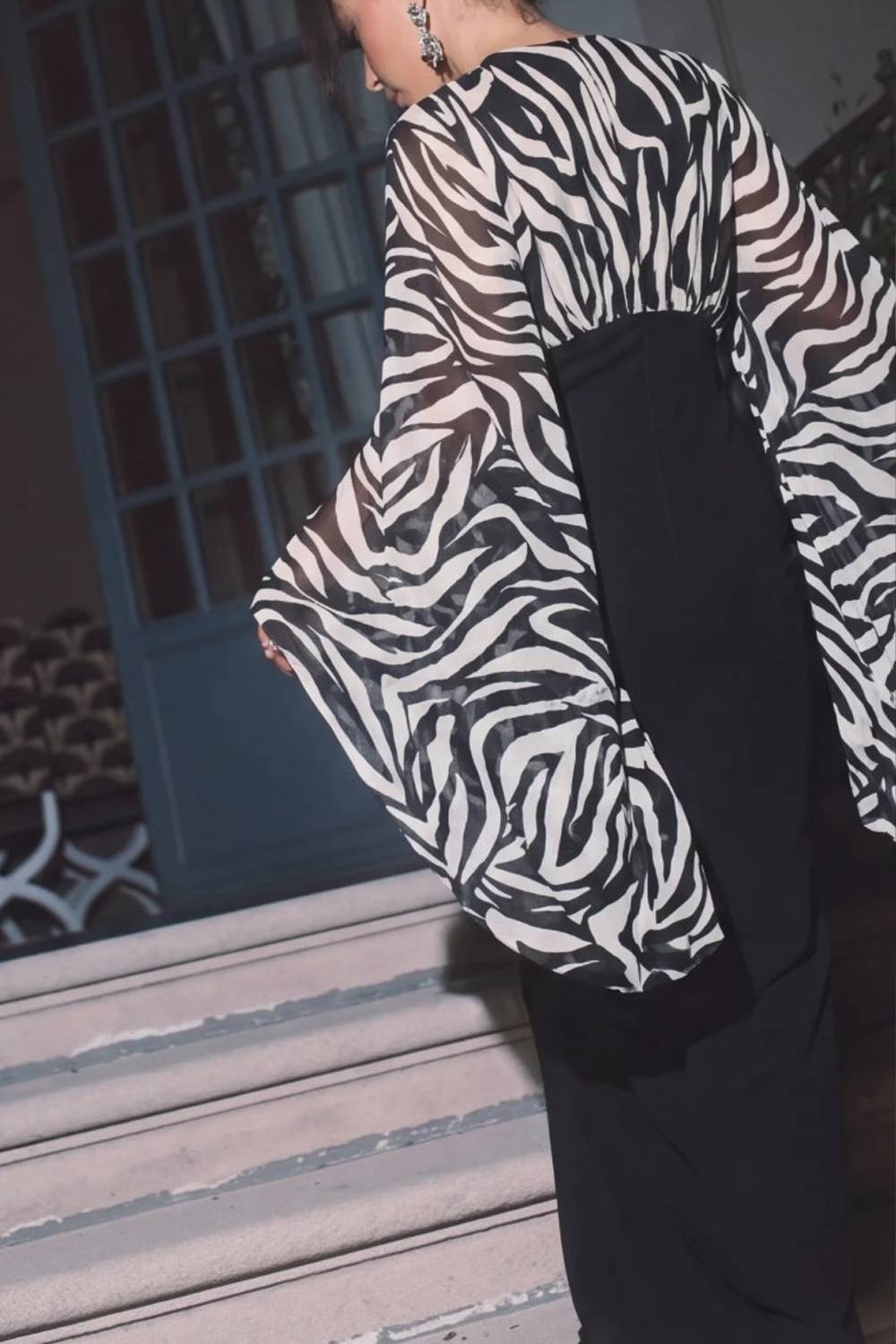 Zebra Print Batwing Sleeve V‑Neck Waist Corset Mermaid Maxi Dress