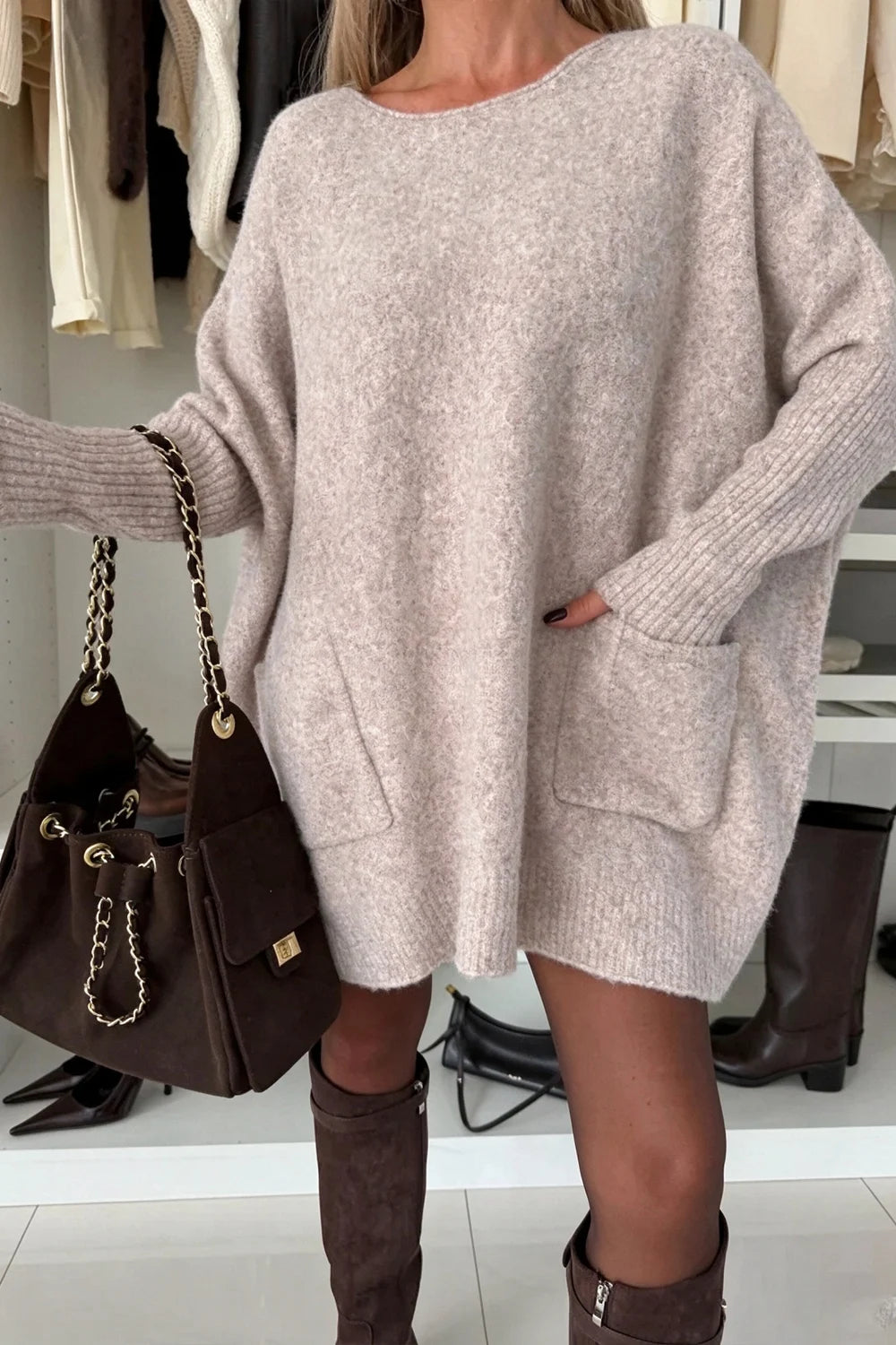 Women's Oversized Drop Shoulder Crew Neck Knit Sweater with Front Pockets
