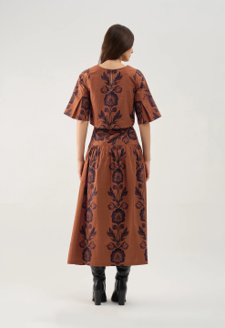 Folk Floral Print Fit-and-Flare Midi Dress