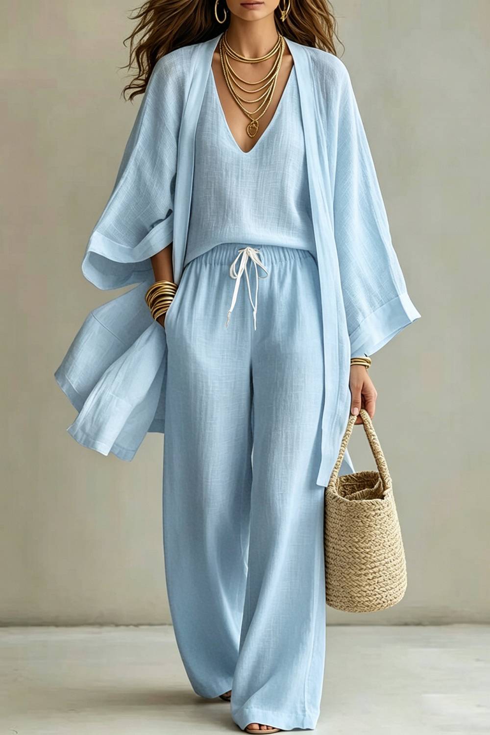 Simple V-neck Vest Cardigan Wide-leg Pants Three-piece Set