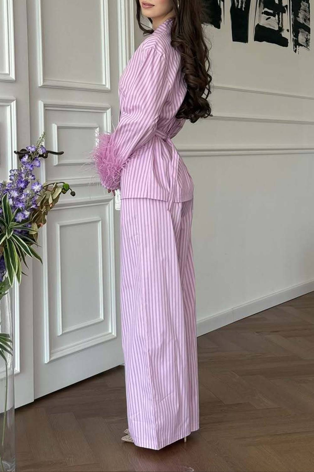 Striped Feather Cuff Blazer & Wide‑Leg Pants Two‑Piece Set