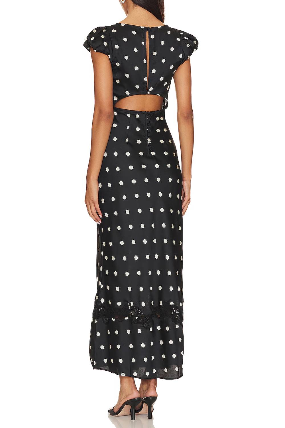 V-Neck Lace Stitching Puff Sleeve Dot Dress