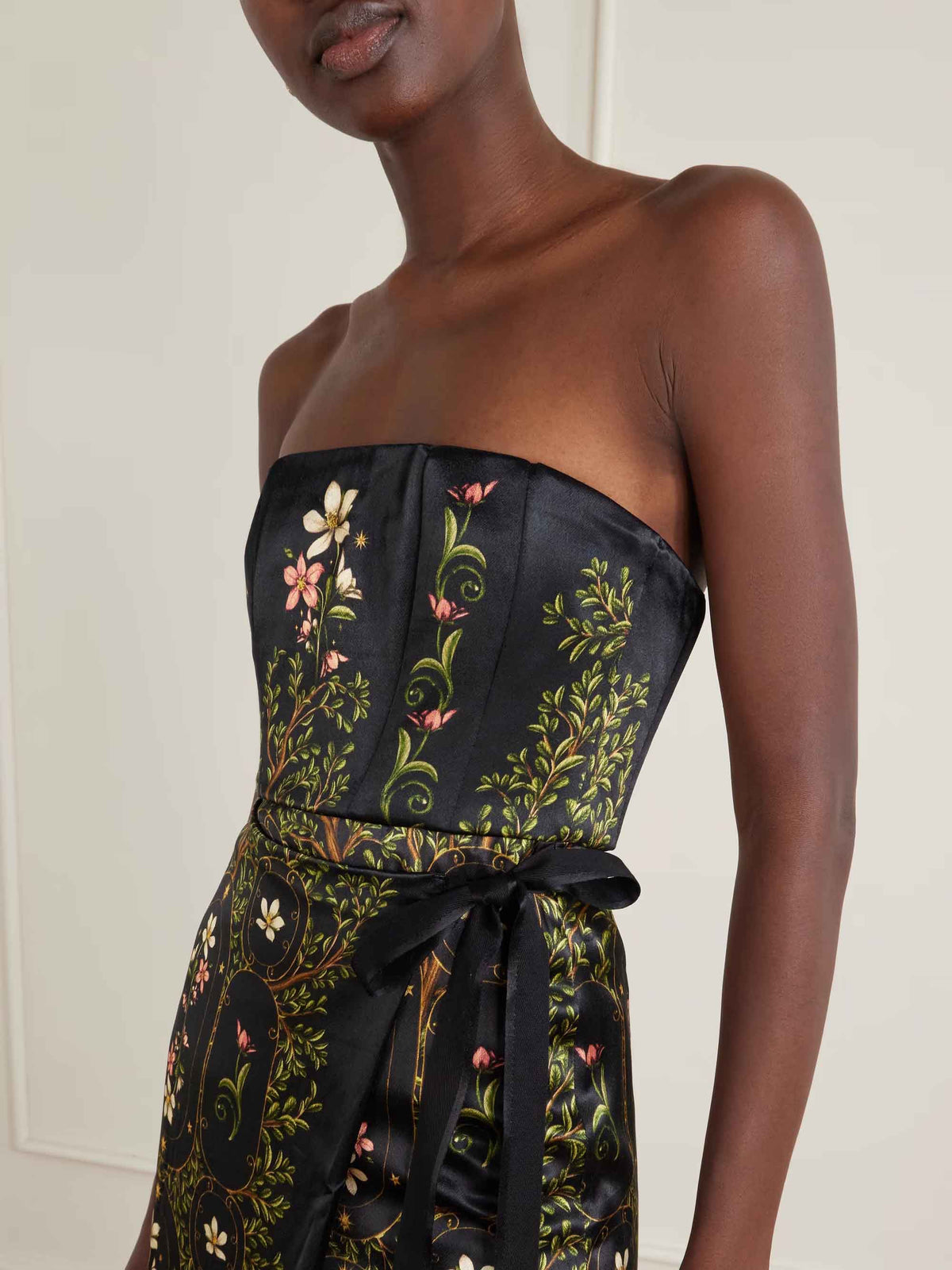 Black Vintage Floral Strapless Wrap Tie Satin Midi Dress