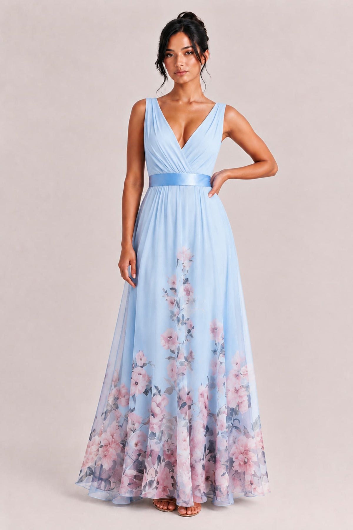 Elegant Floral Print V-neck Maxi Dress