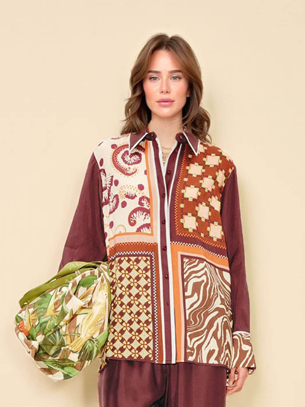 Unique Paisley Color-Block Satin Shirt