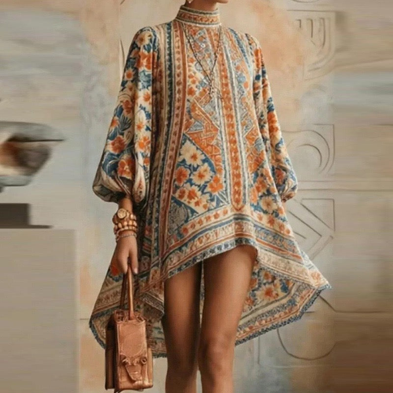 Bohemian Retro Print High-Neck Poncho Dress With Bell Sleeves & Asymmetrical Hem