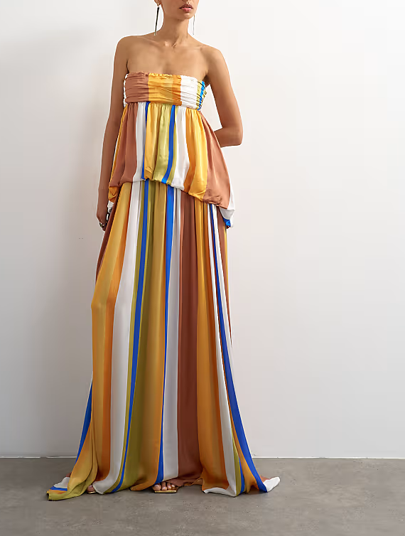 Strapless Color Block Striped Flowy Maxi Dress