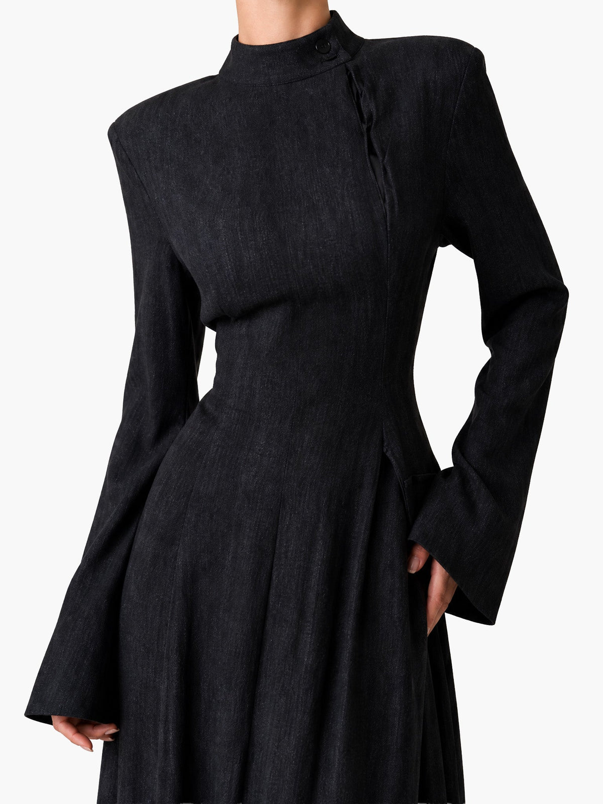 Architectural High-Neck Long Sleeve Maxi Dress With Puffed Shoulders & Flared Cuffs