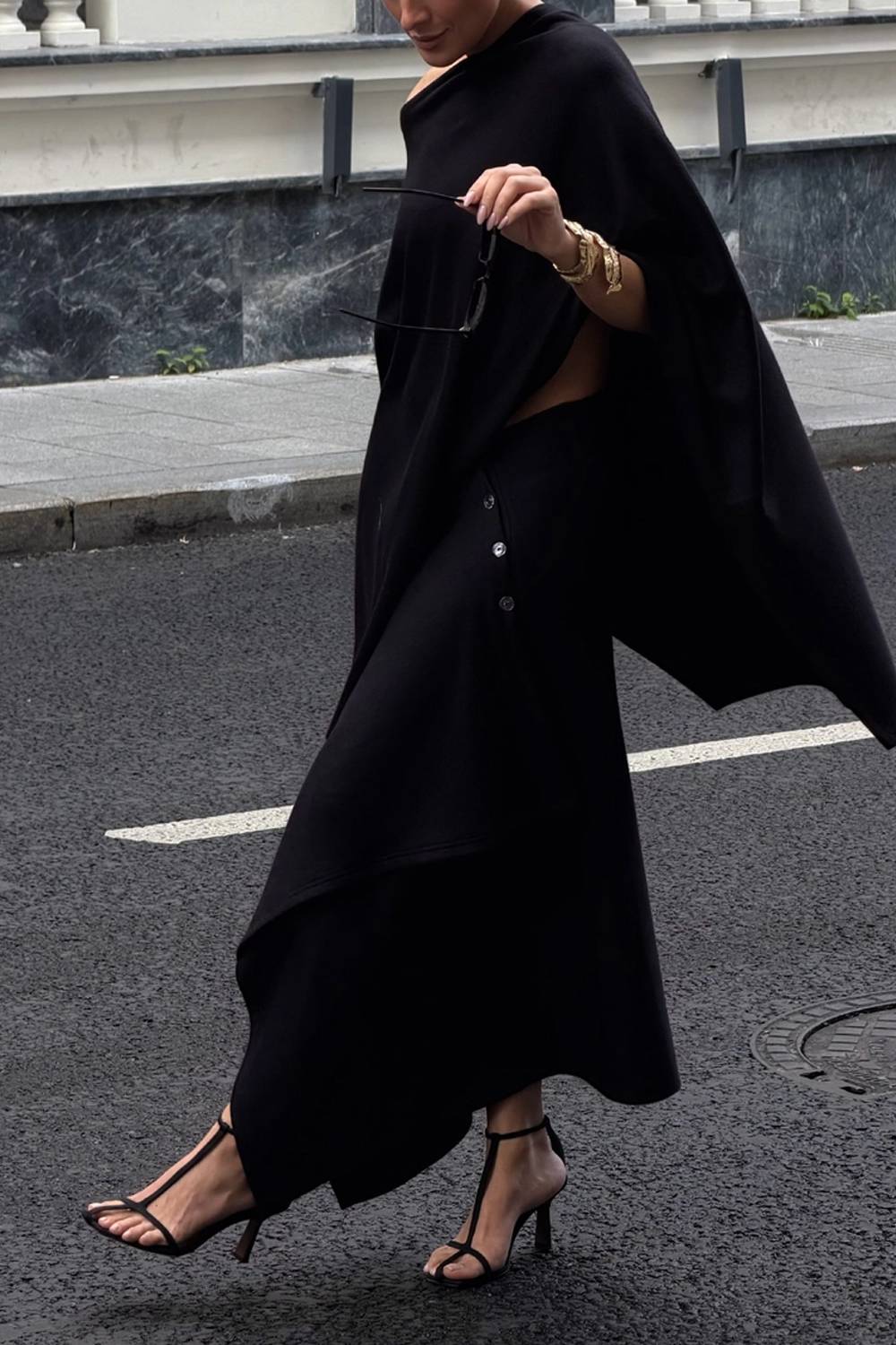 Draped Cape Top & Asymmetric Midi Skirt Two Piece Set