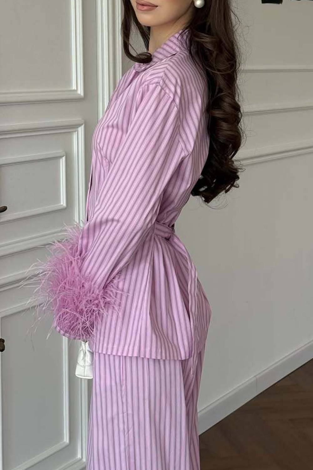 Striped Feather Cuff Blazer & Wide‑Leg Pants Two‑Piece Set