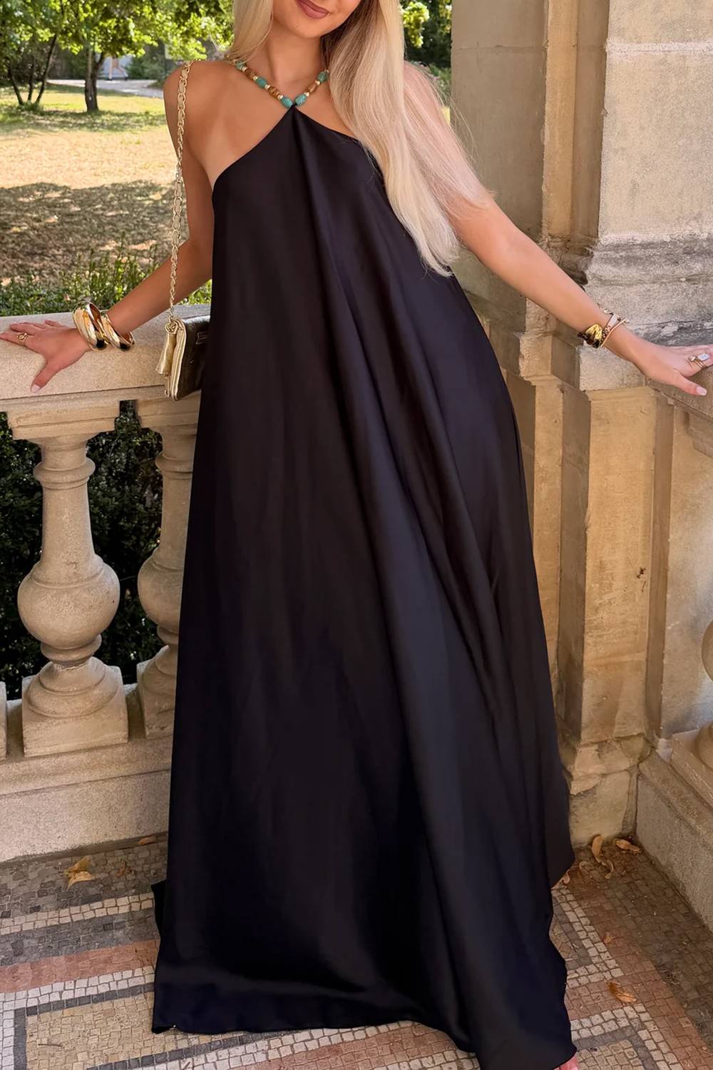 Beaded Halter Neck Sleeveless Loose Maxi Dress