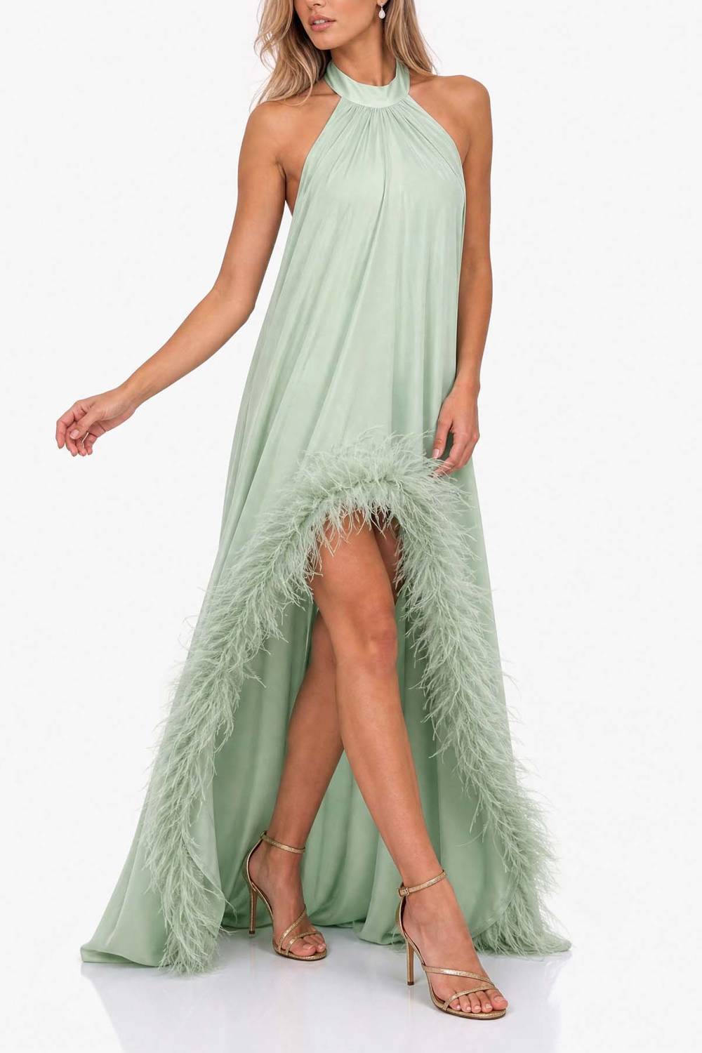 Langes Abendkleid mit Neckholder, Federsaum und hohem Beinschlitz