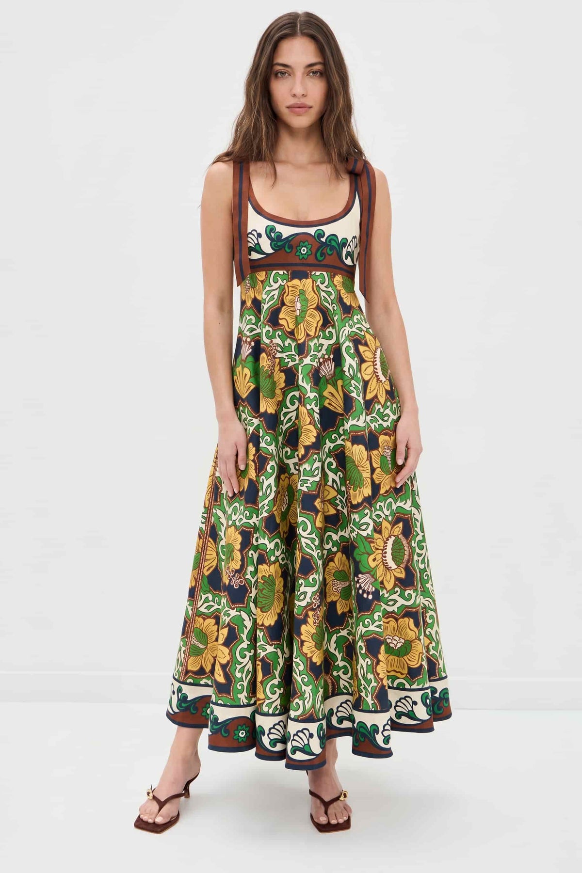 Retro Print Sleeveless Tie-Waist Midi Dress