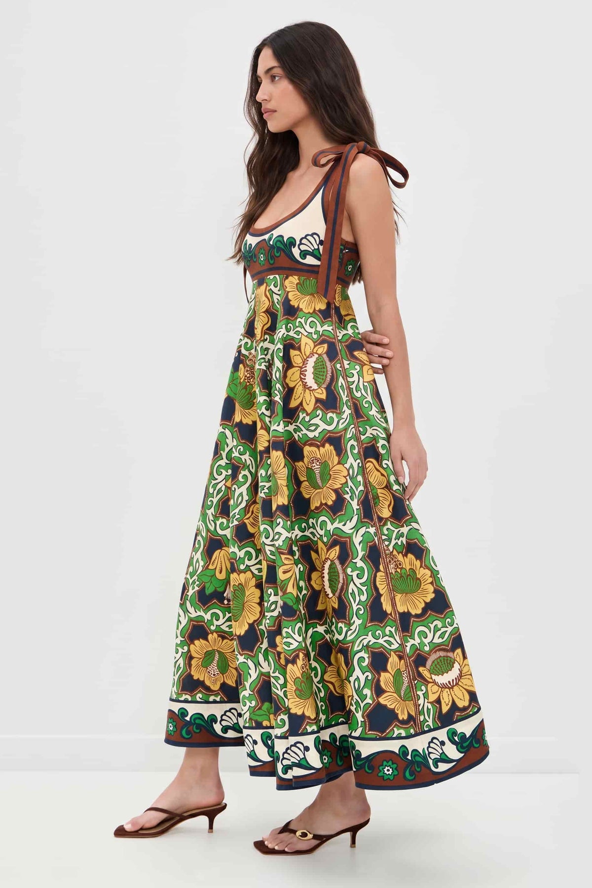 Retro Print Sleeveless Tie-Waist Midi Dress