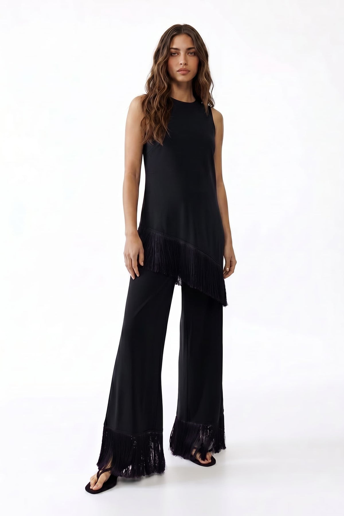 Tassel Design Top And Wide Leg Pants Set