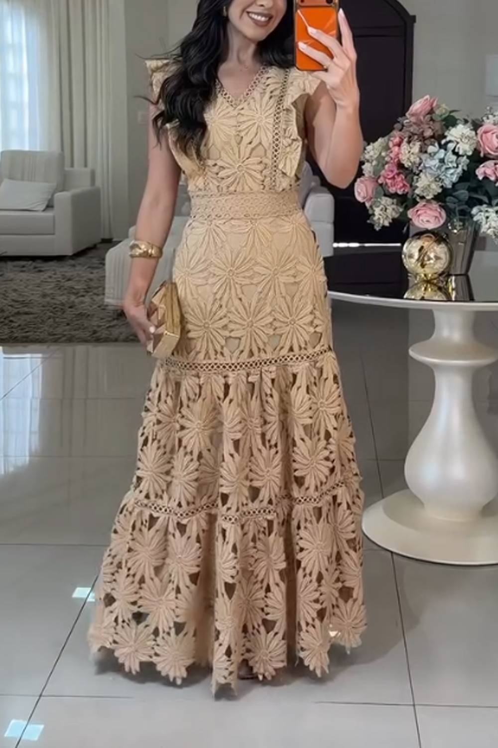 V Neck Sleeveless Ruffle Crochet Lace Tiered Maxi Dress