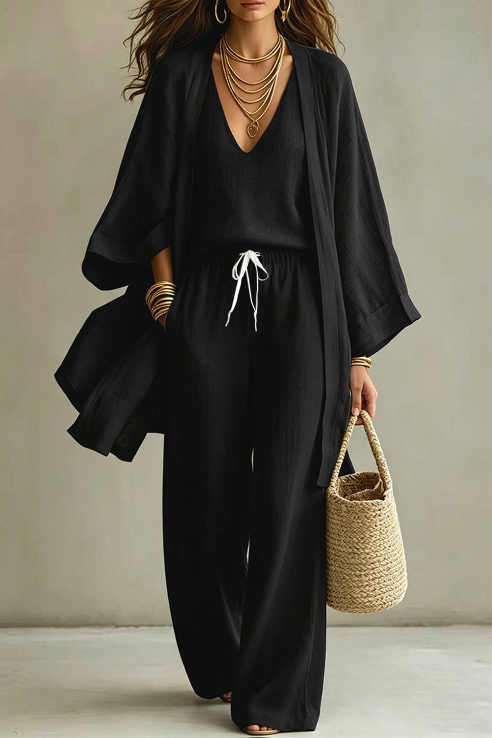 Simple V-neck Vest Cardigan Wide-leg Pants Three-piece Set