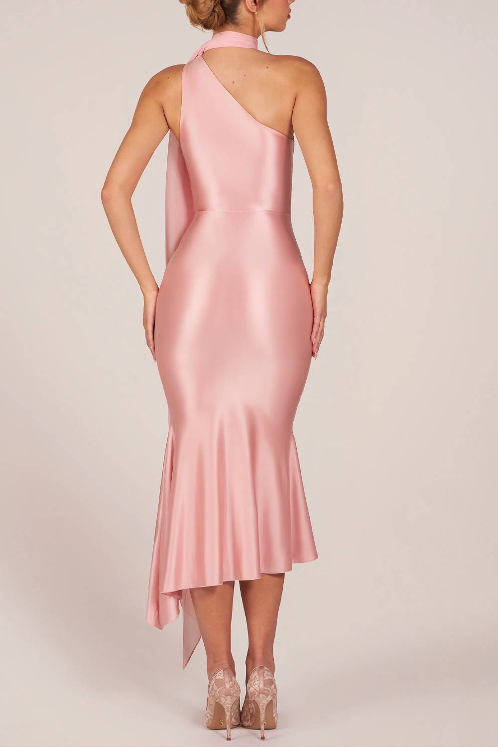 Halter Draped Satin Midi Mermaid Dress