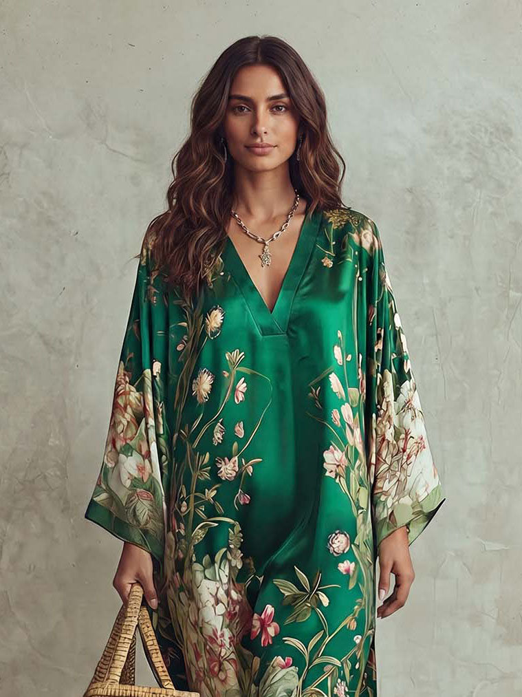 Elegant Floral Print Batwing Sleeve Maxi Dress