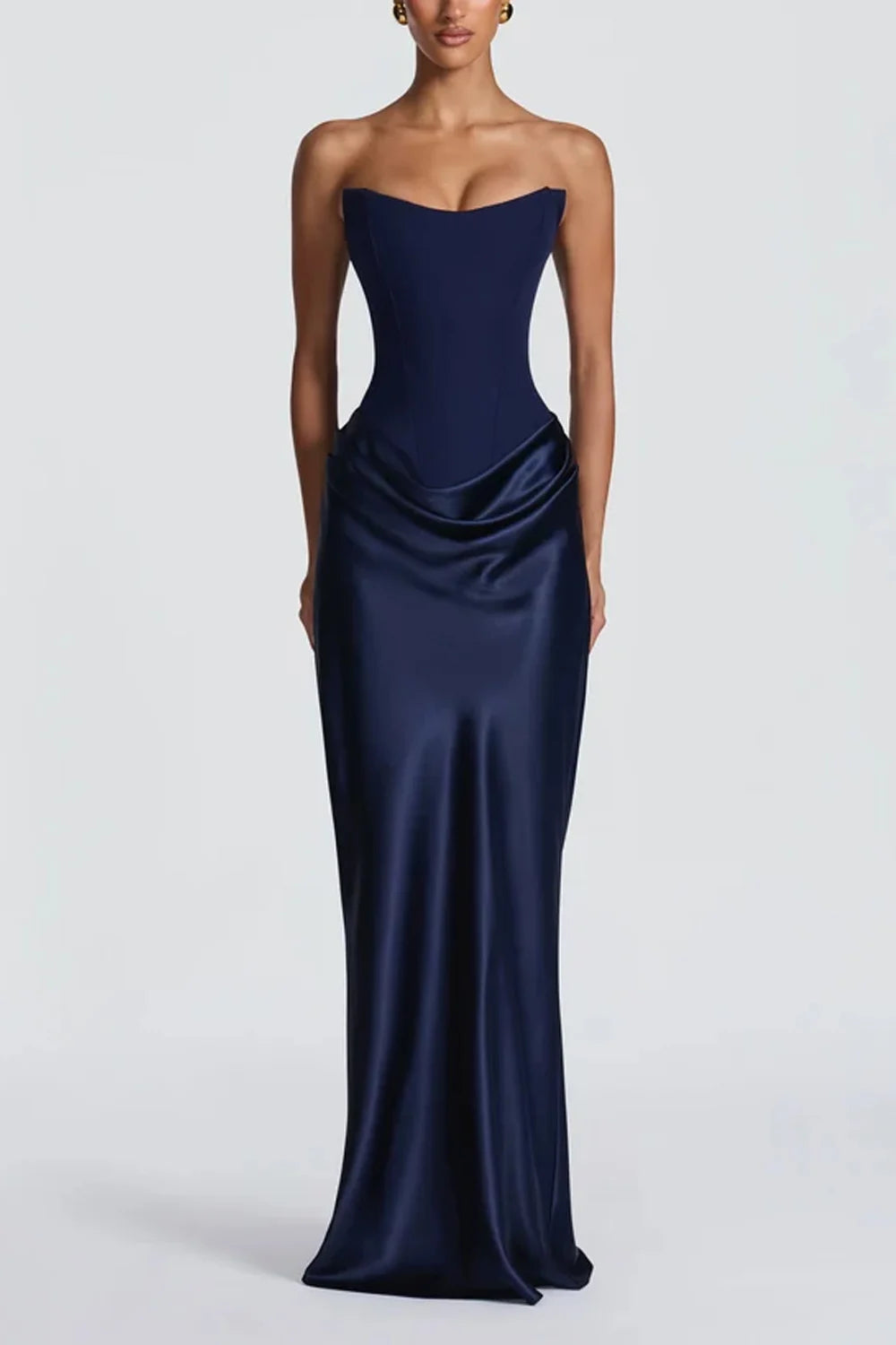 Strapless Corset Draped Satin Maxi Dress with Chiffon Neck Scarf