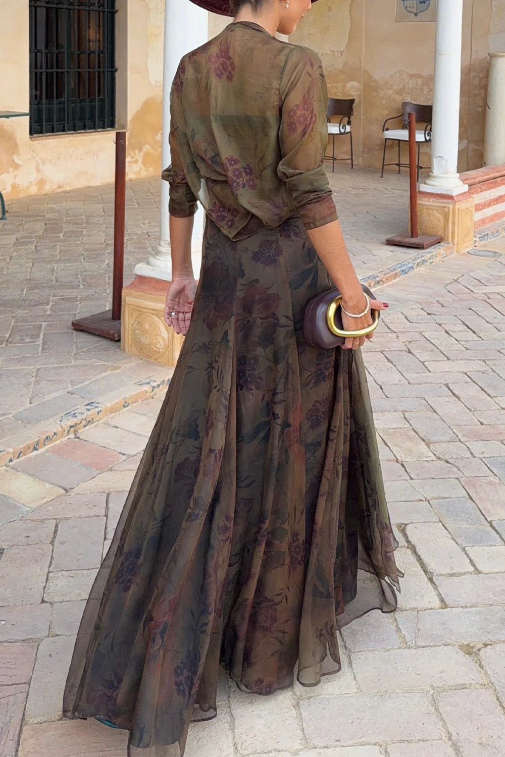 Strapless Ruched Crop Top and Flowing Maxi Skirt Floral Two Piece Set