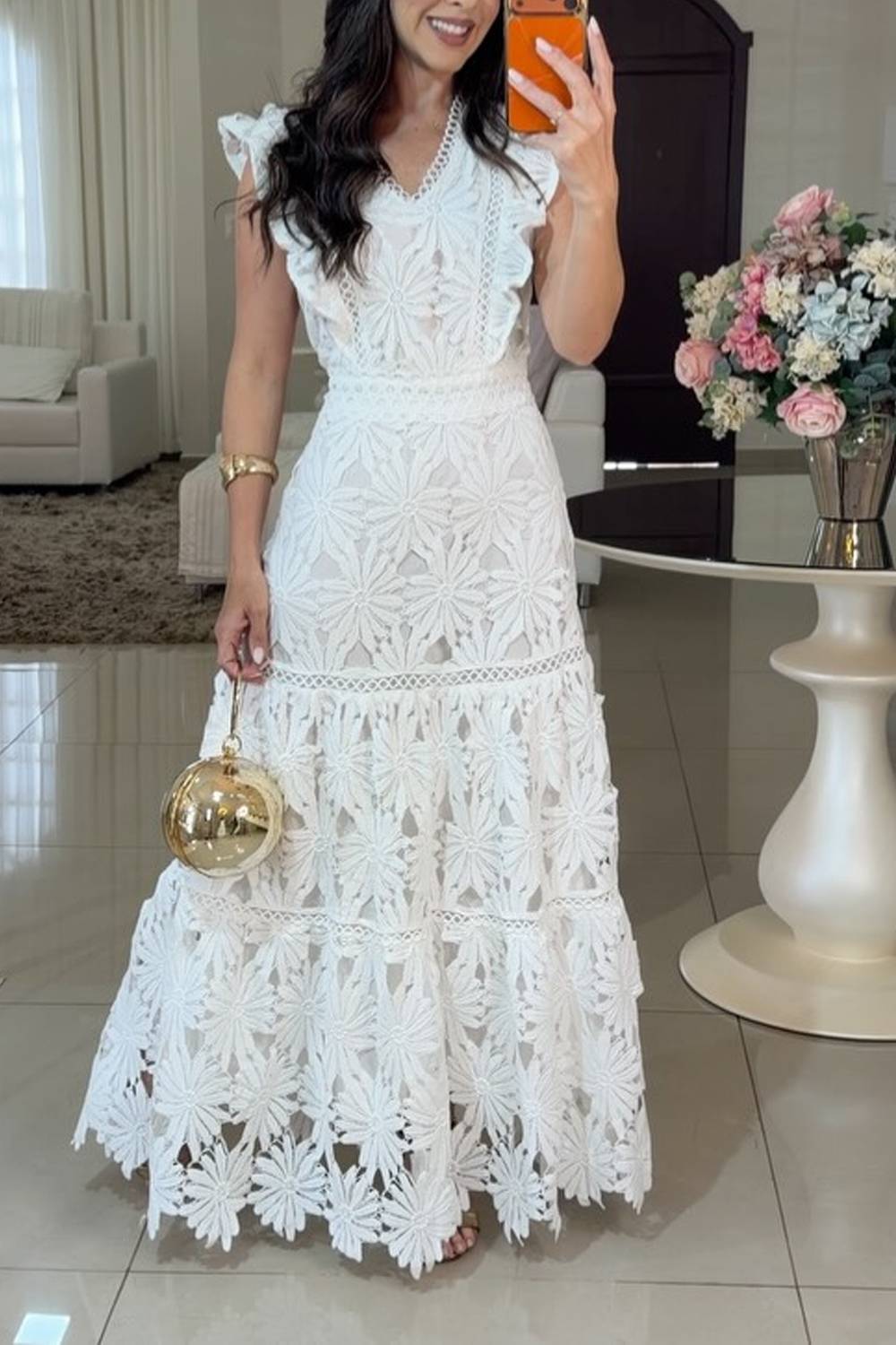 V Neck Sleeveless Ruffle Crochet Lace Tiered Maxi Dress