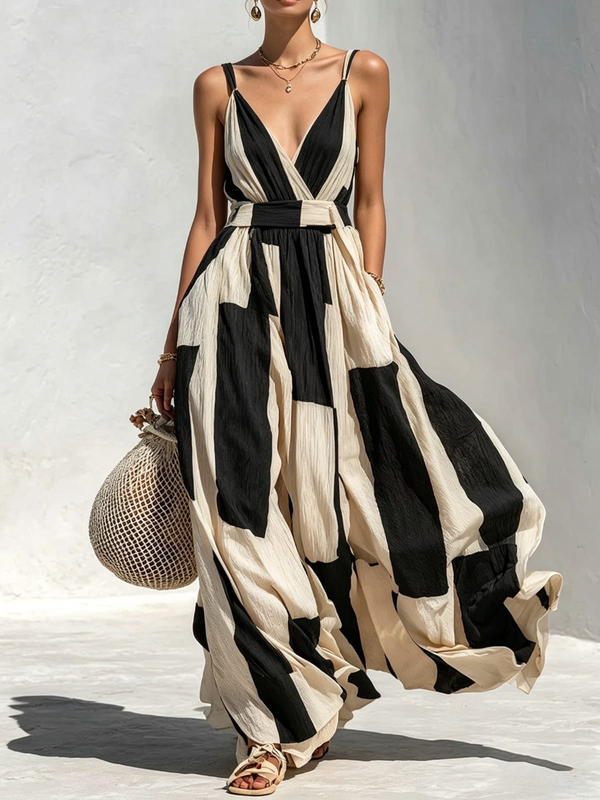Slim Strap V Neck Striped Wrap Maxi Dress