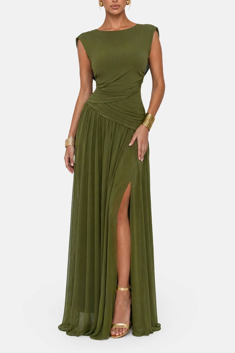 Convertible Neck Sleeveless Ruched Slit Maxi Evening Dress
