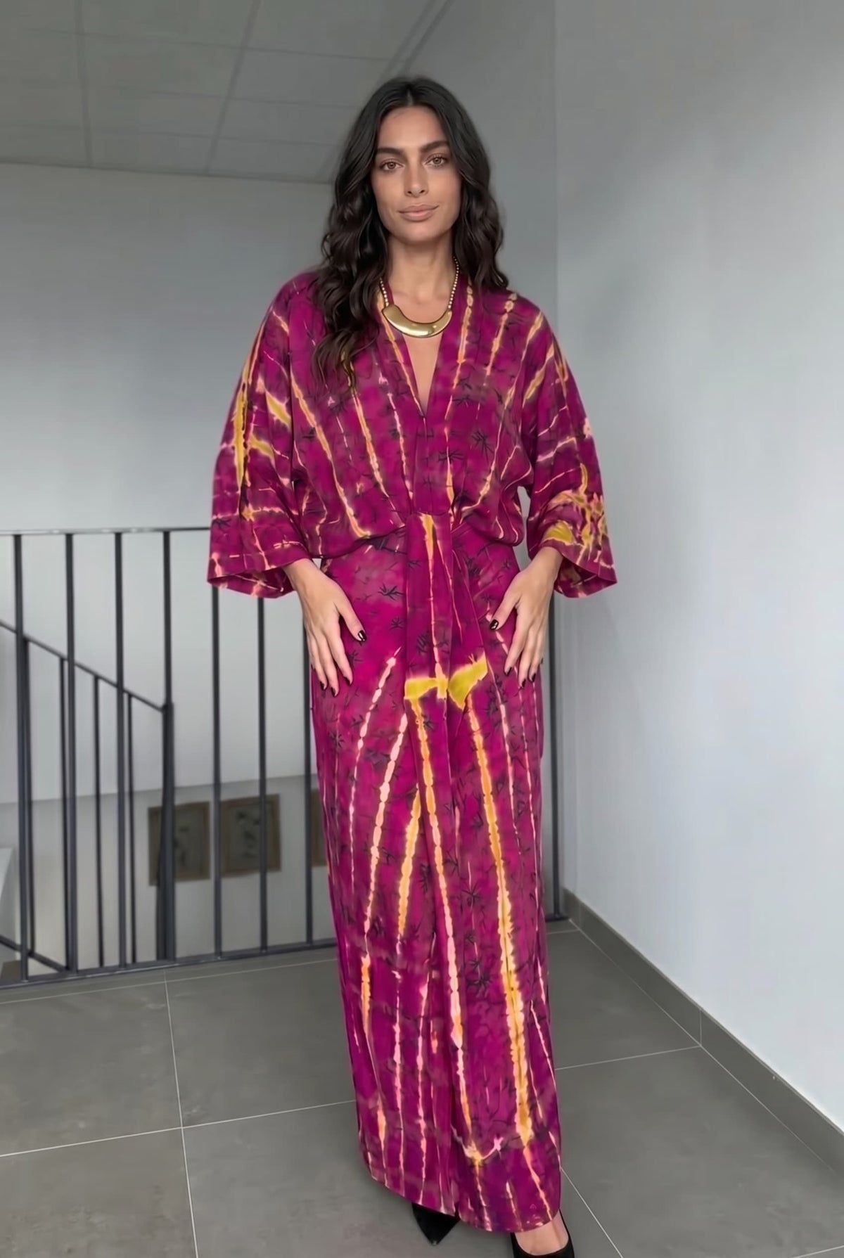 V-Neck Printed Slit Streamer Design Maxi Dress