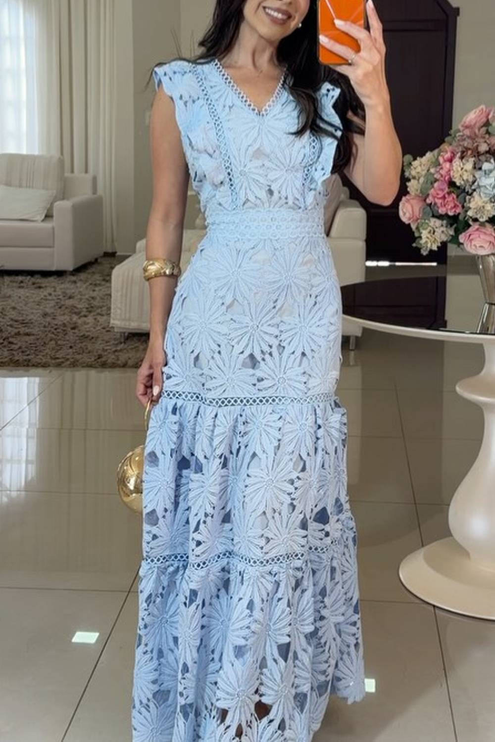 V Neck Sleeveless Ruffle Crochet Lace Tiered Maxi Dress