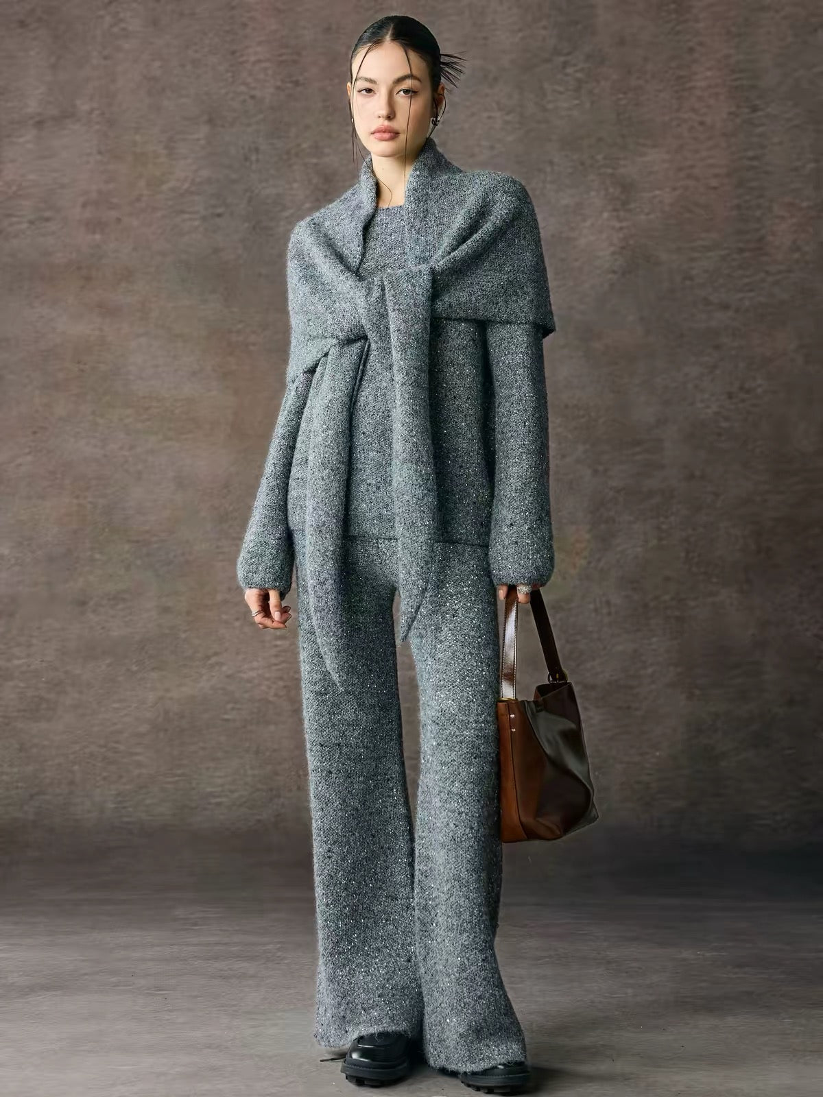 Sparkle Knit Cape-Neck Wide-Leg Pants Set