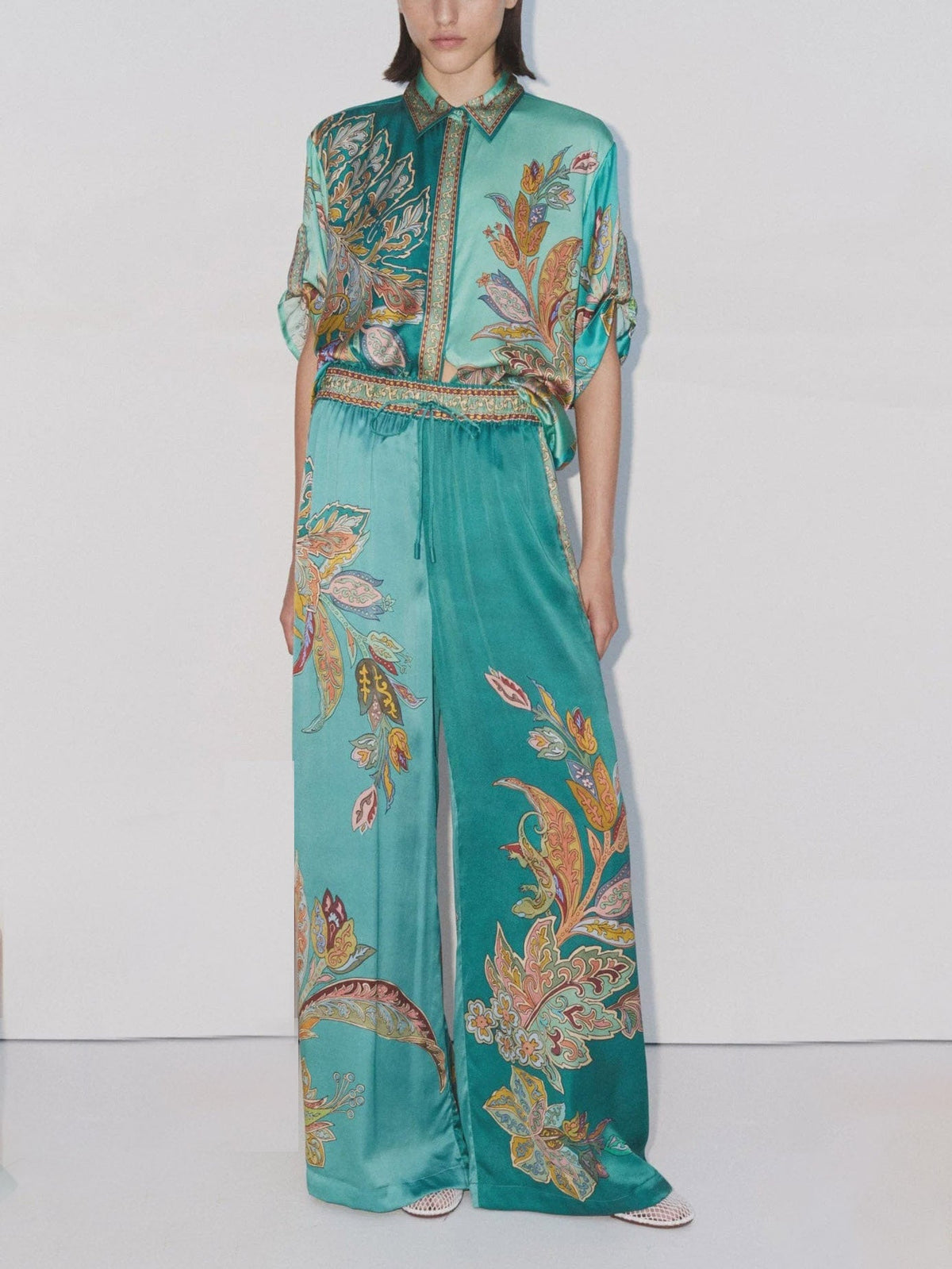 Unique Satin Botanical Floral Print Loose Two-Piece Set