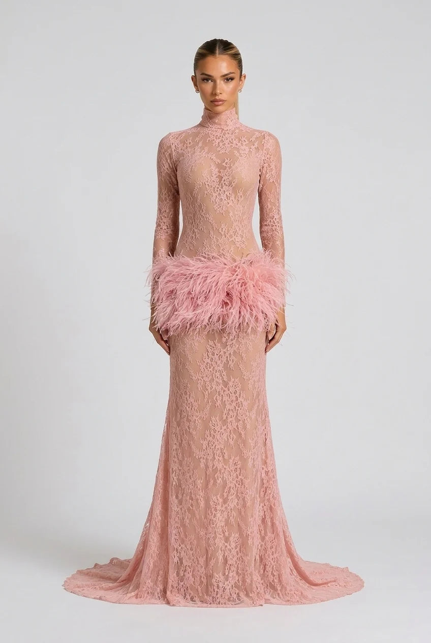 Lace Long Sleeve Feather Trim Maxi Evening Dress