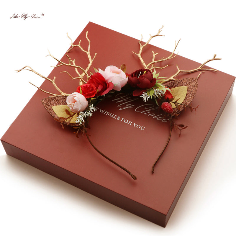 Burgundy Flower Christmas Reindeer Headband