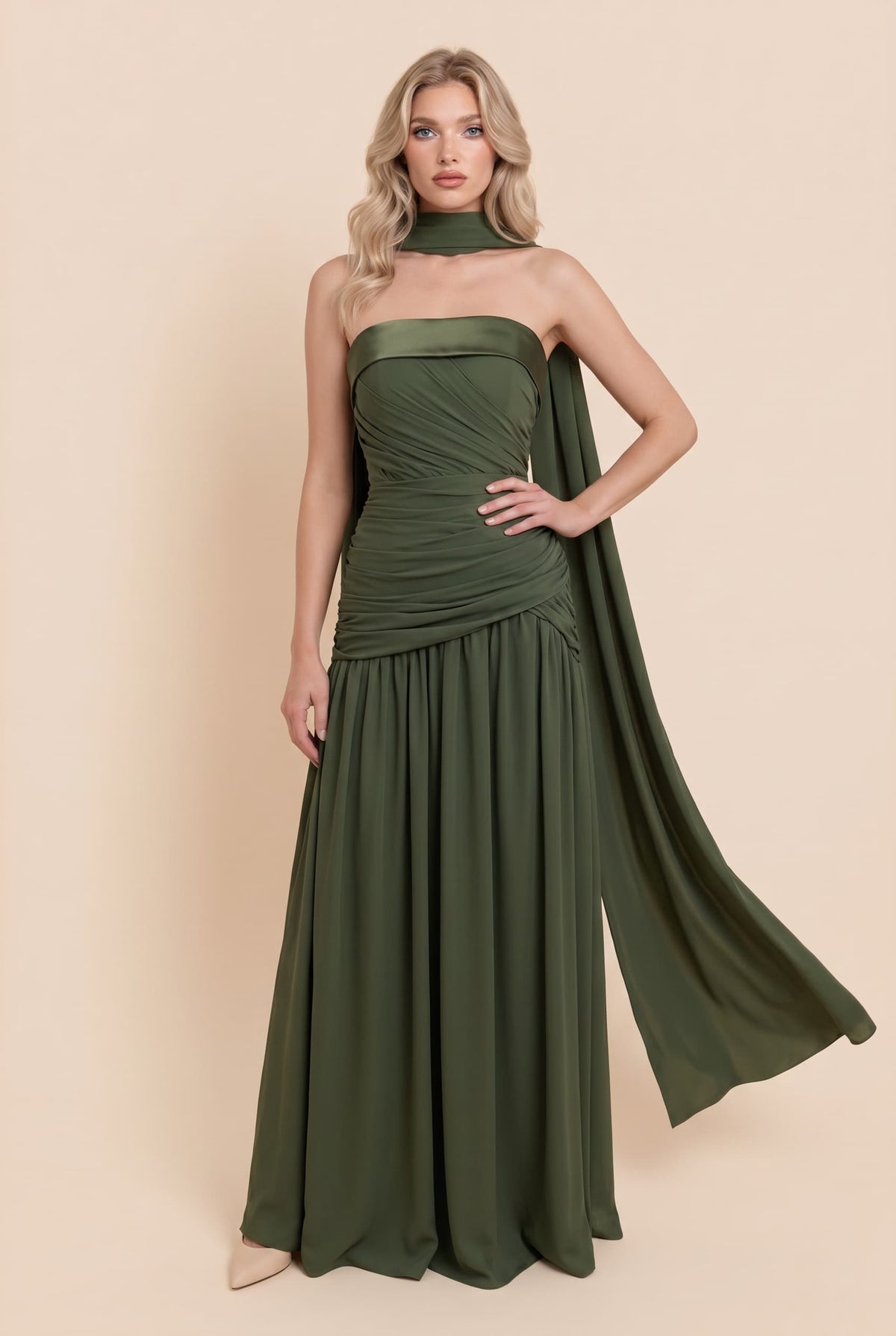 Pleated Design Scarf Maxi Dress