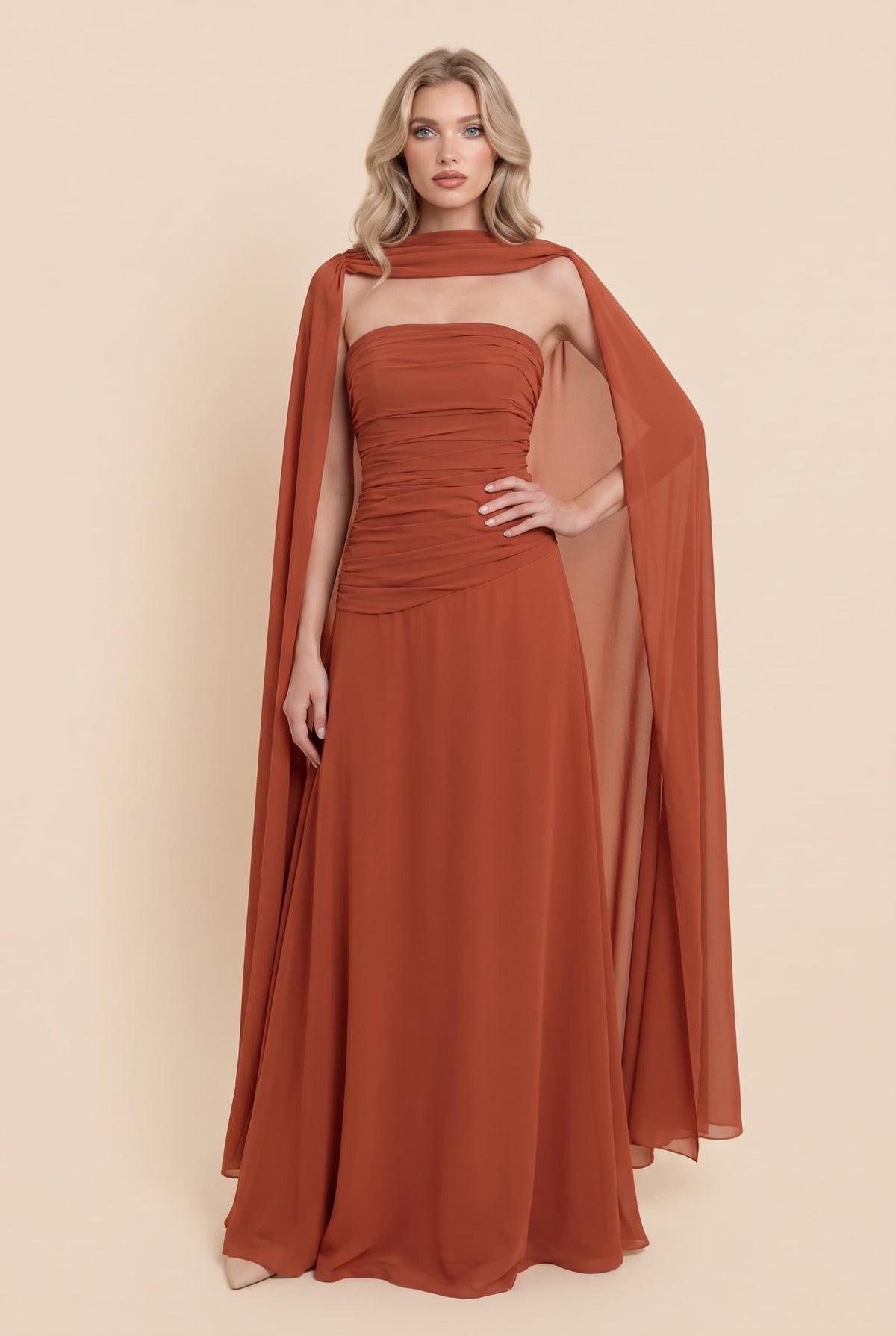 Pleated Design Cape Maxi Dress