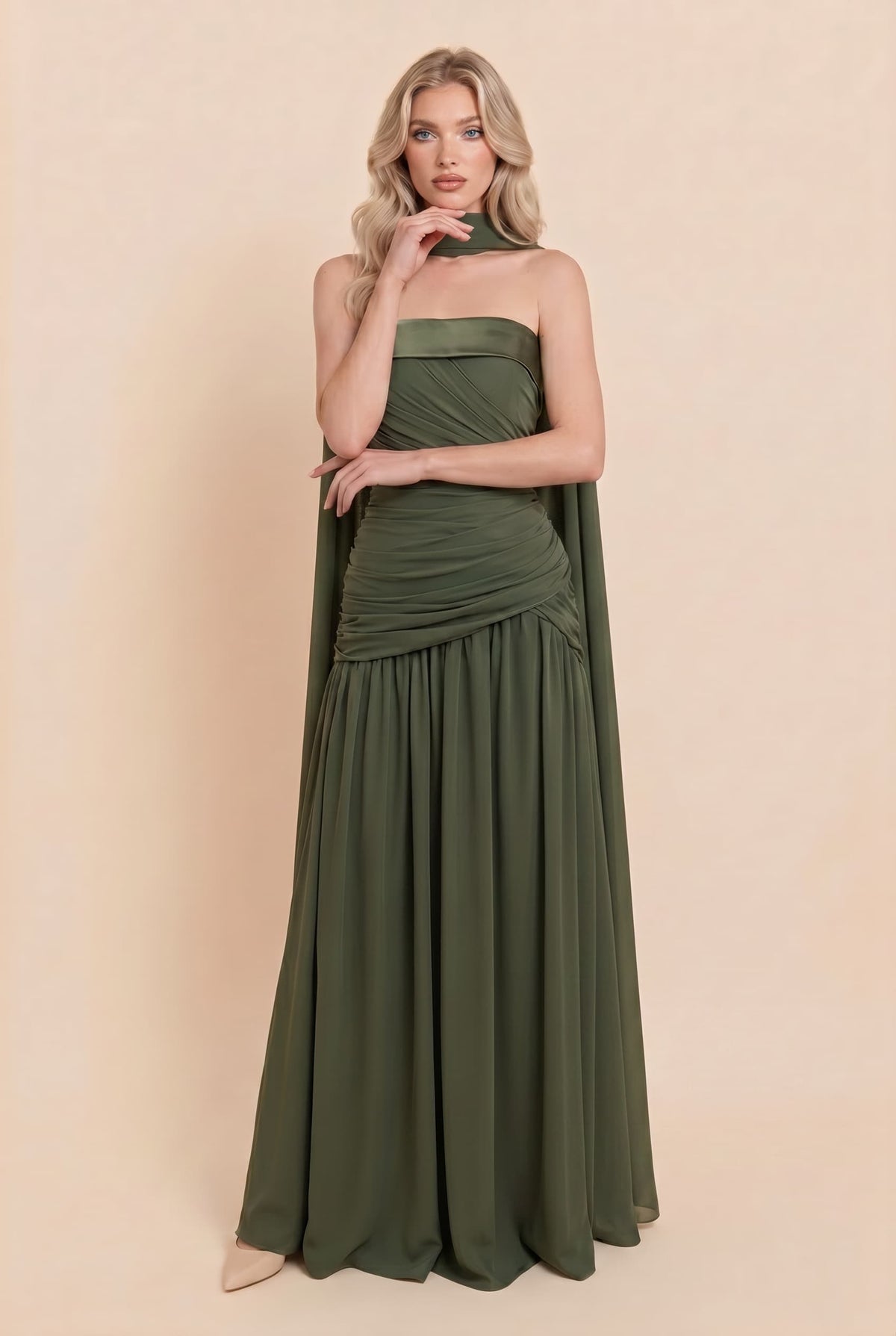 Pleated Design Scarf Maxi Dress