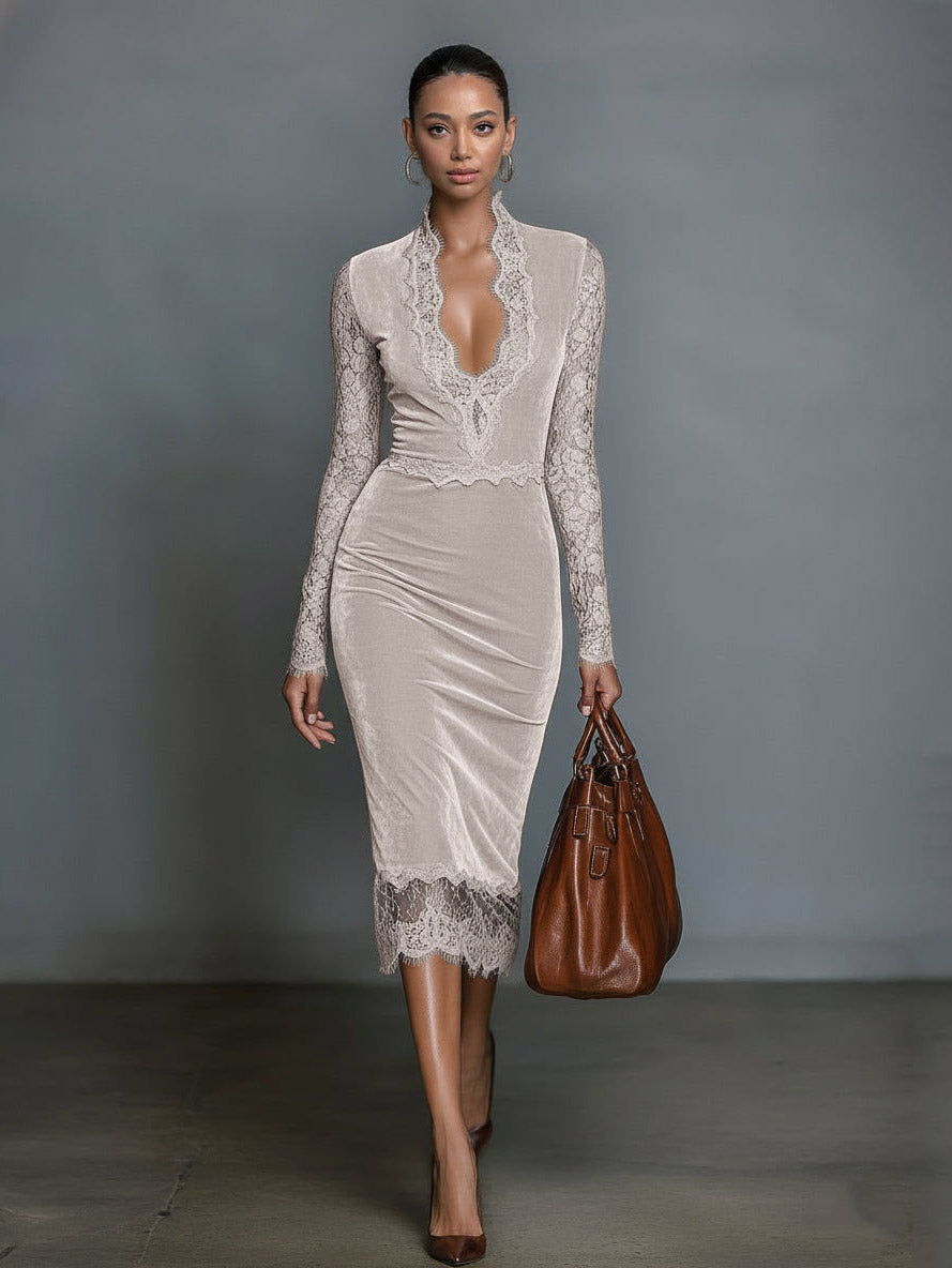 Elegant Velvet Fitted V-Neck Lace Midi Dress
