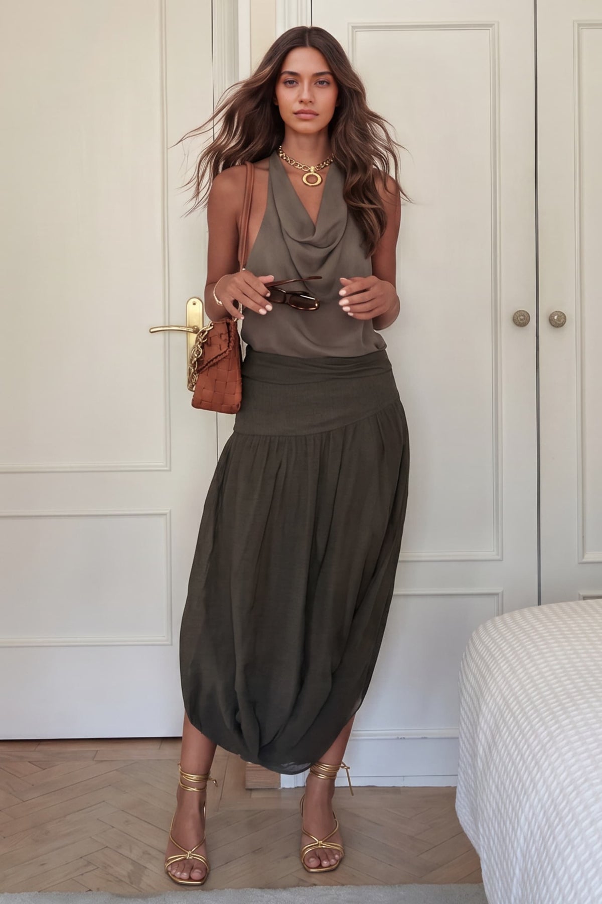 Swing Collar Top And Skirt Suit