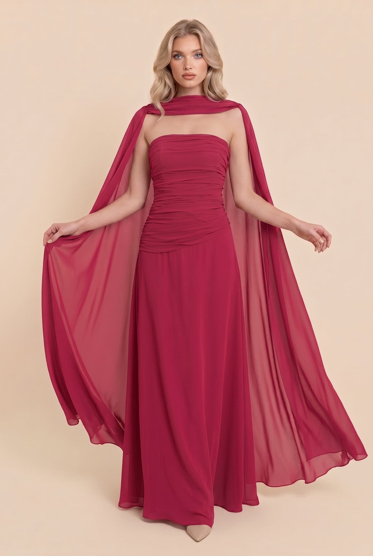 Pleated Design Cape Maxi Dress