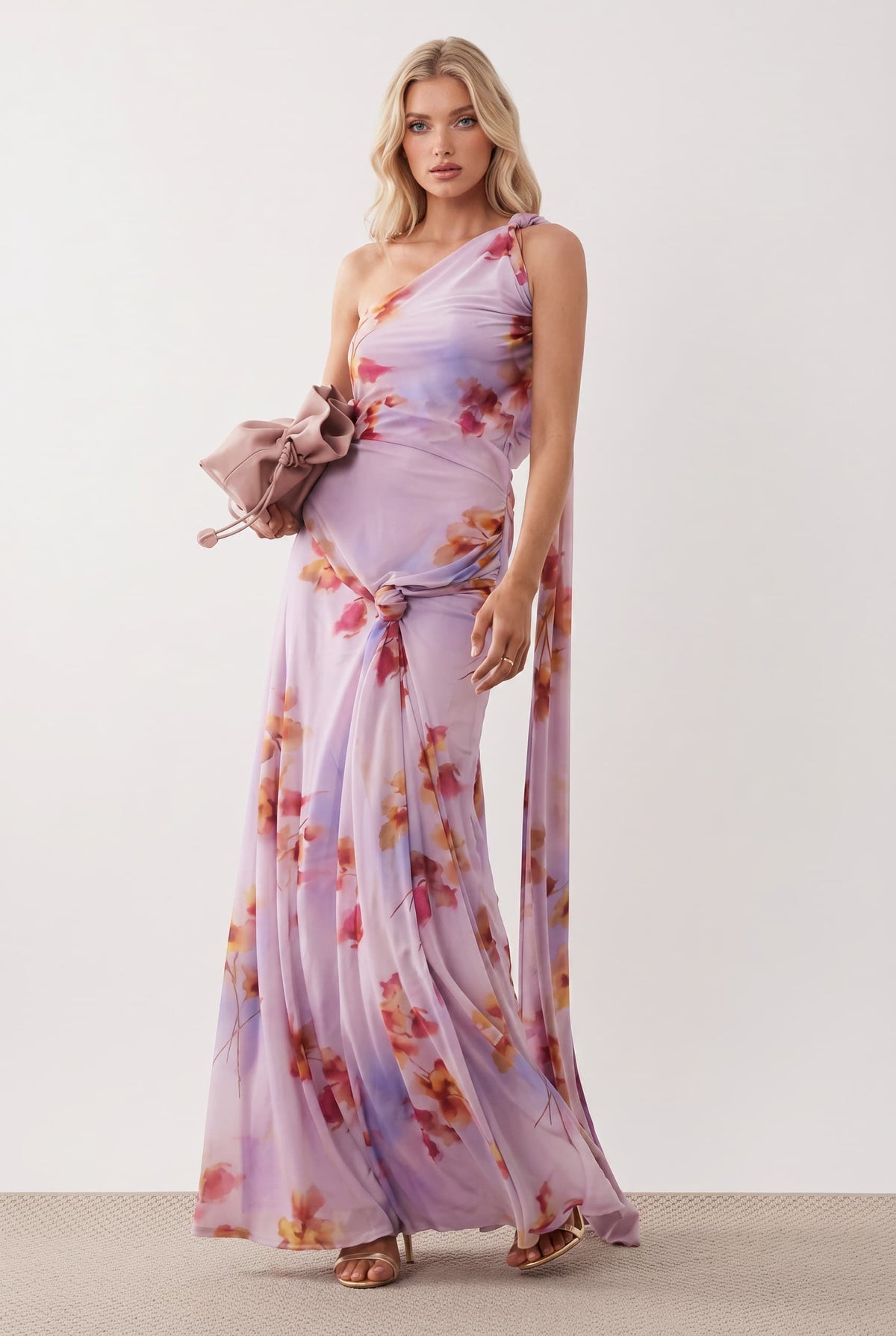 Slant-Shoulder Lace-Up Printed Maxi Dress