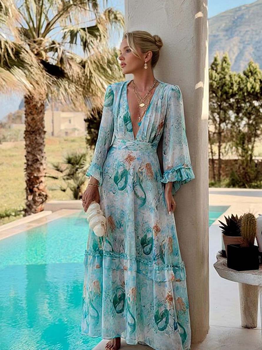 Bohemian Ocean Print Layered Maxi Dress
