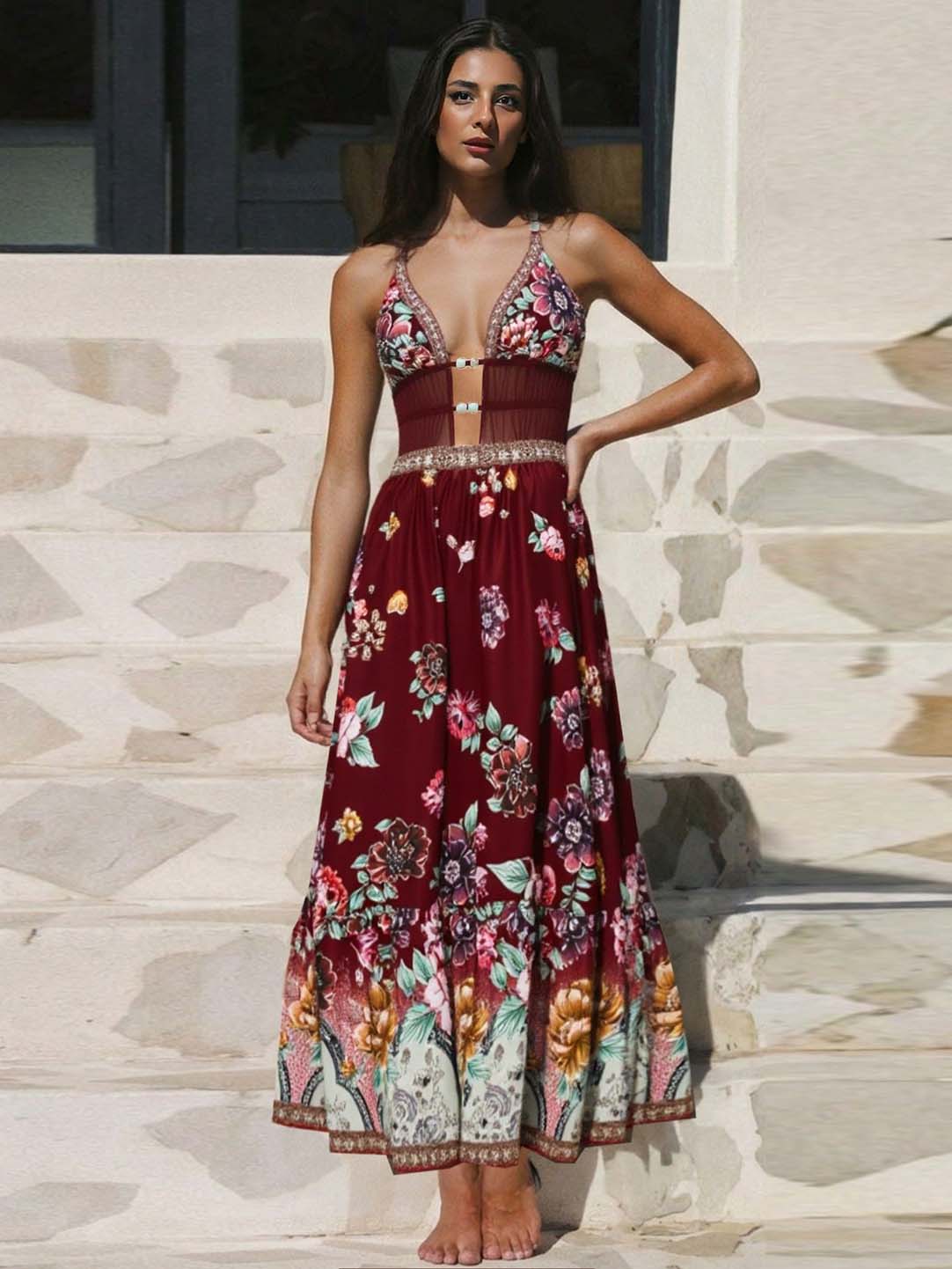 Bohemian Style Floral Lace Mesh One-piece Swimsuit