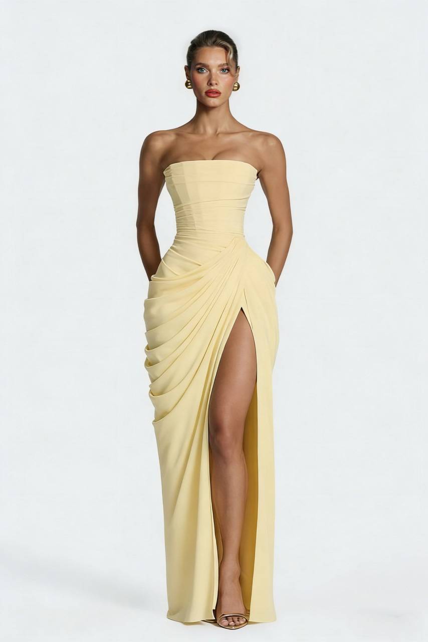 Strapless Pleated Slit Maxi Dress
