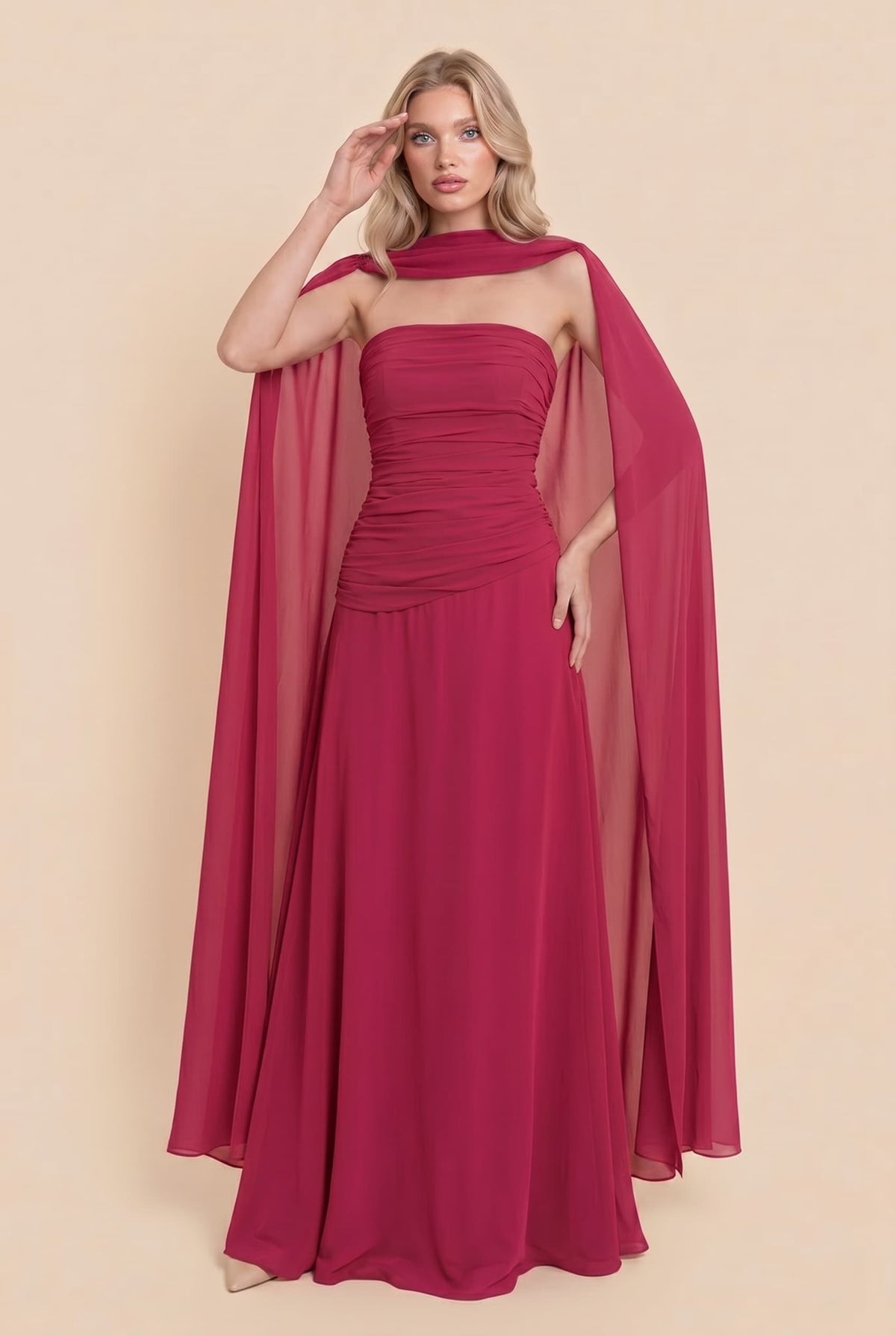 Pleated Design Cape Maxi Dress
