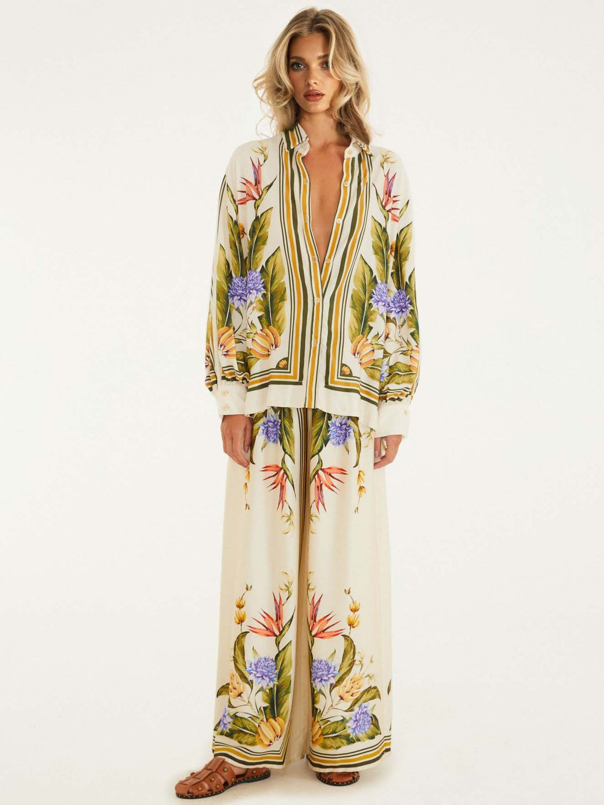 Exquisite Satin Floral Print Wide-leg Pants