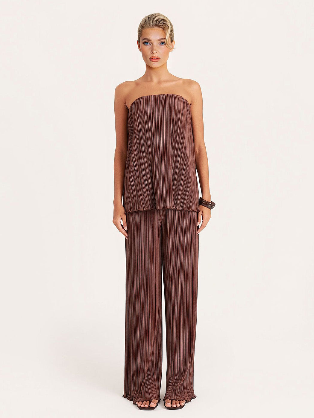 Minimalist Pleated Strapless Bandeau Top Two-Piece Set