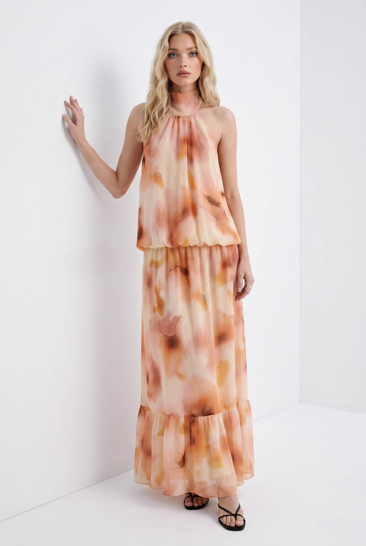 Halter-Neck Lace-Up Printed Maxi Dress