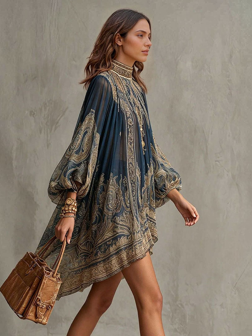 Elegant Vintage Print High Neck Flowy Mini Dress